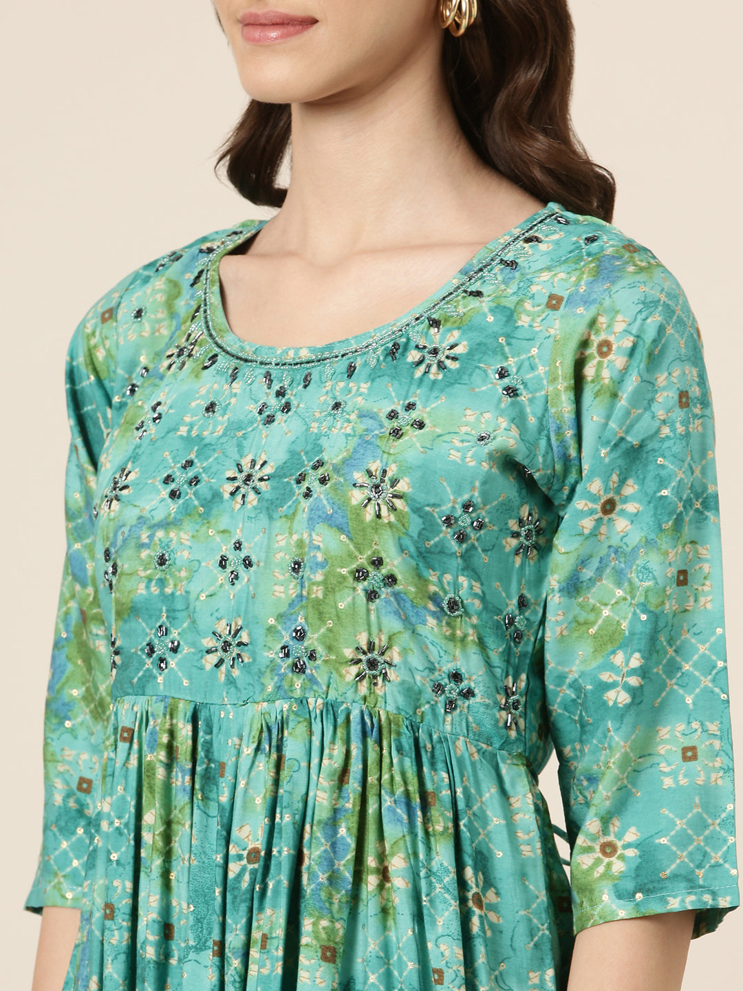 Women Teal Floral Kurta Set