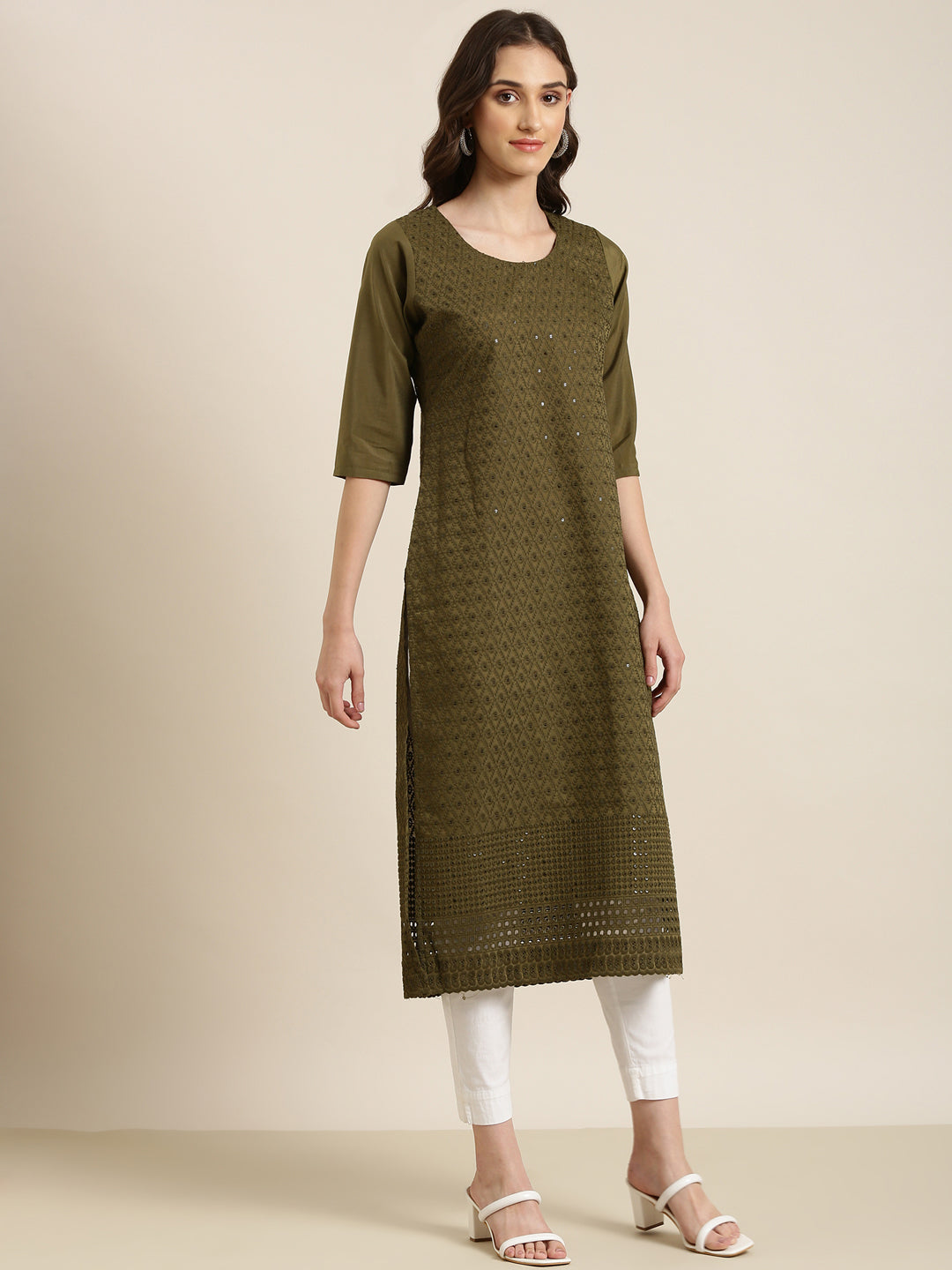 Women Olive Embellished Straight Kurta