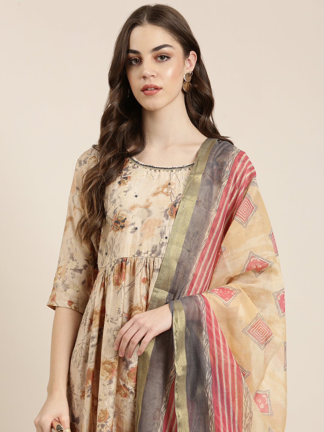 Women Beige Floral Kurta Set