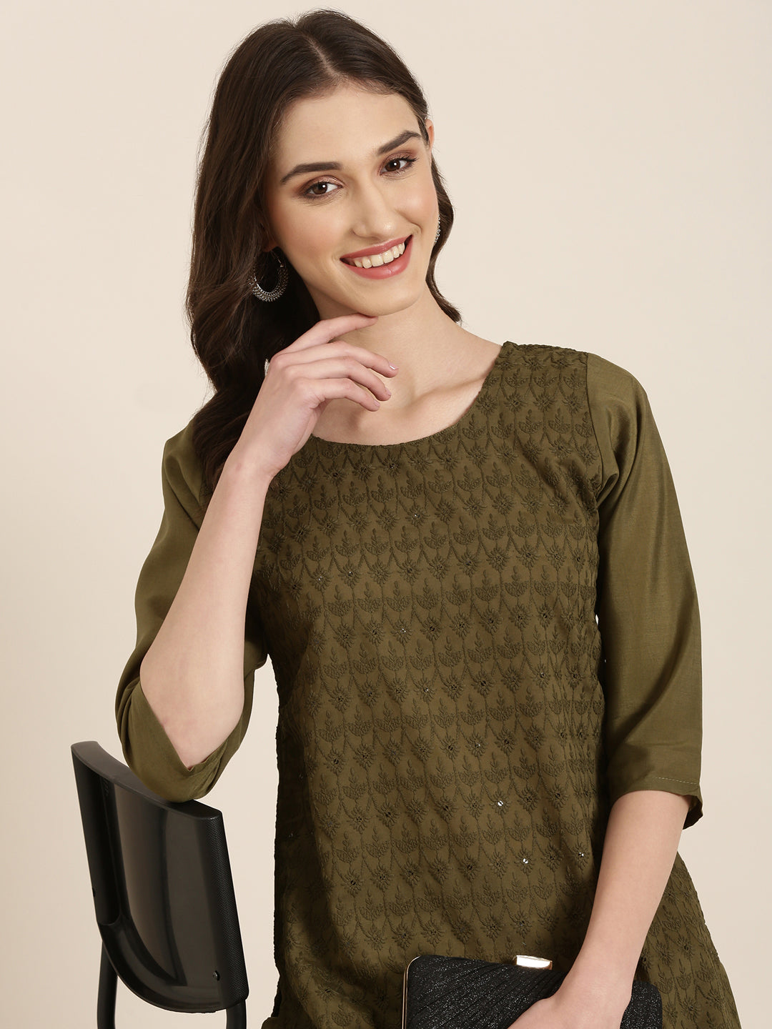 Women Olive Textured Kurta Set