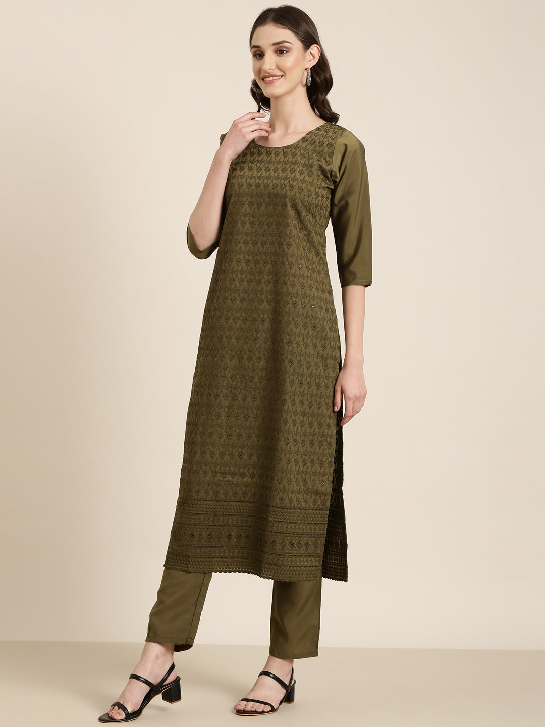 Women Olive Textured Kurta Set