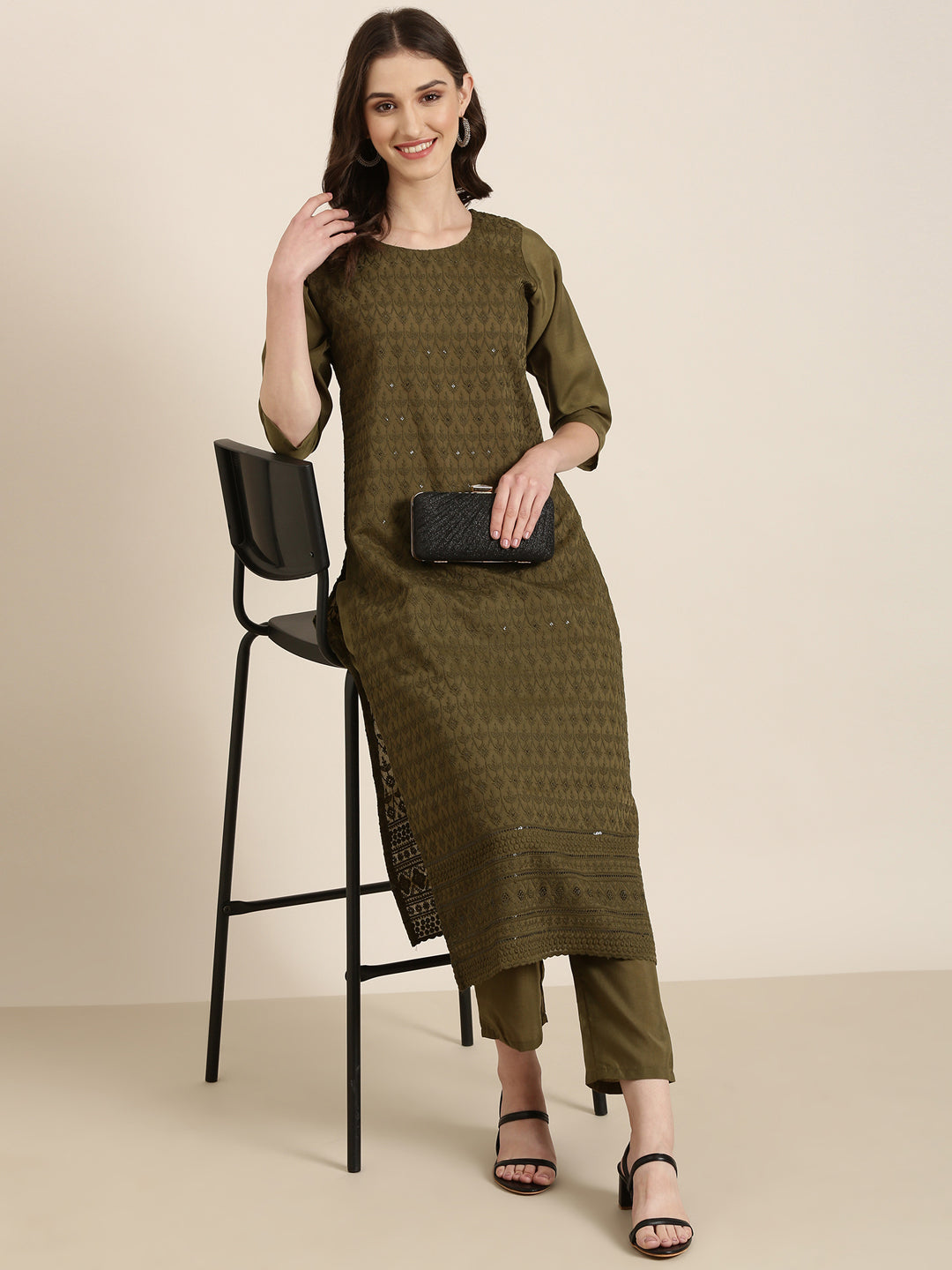 Women Olive Textured Kurta Set