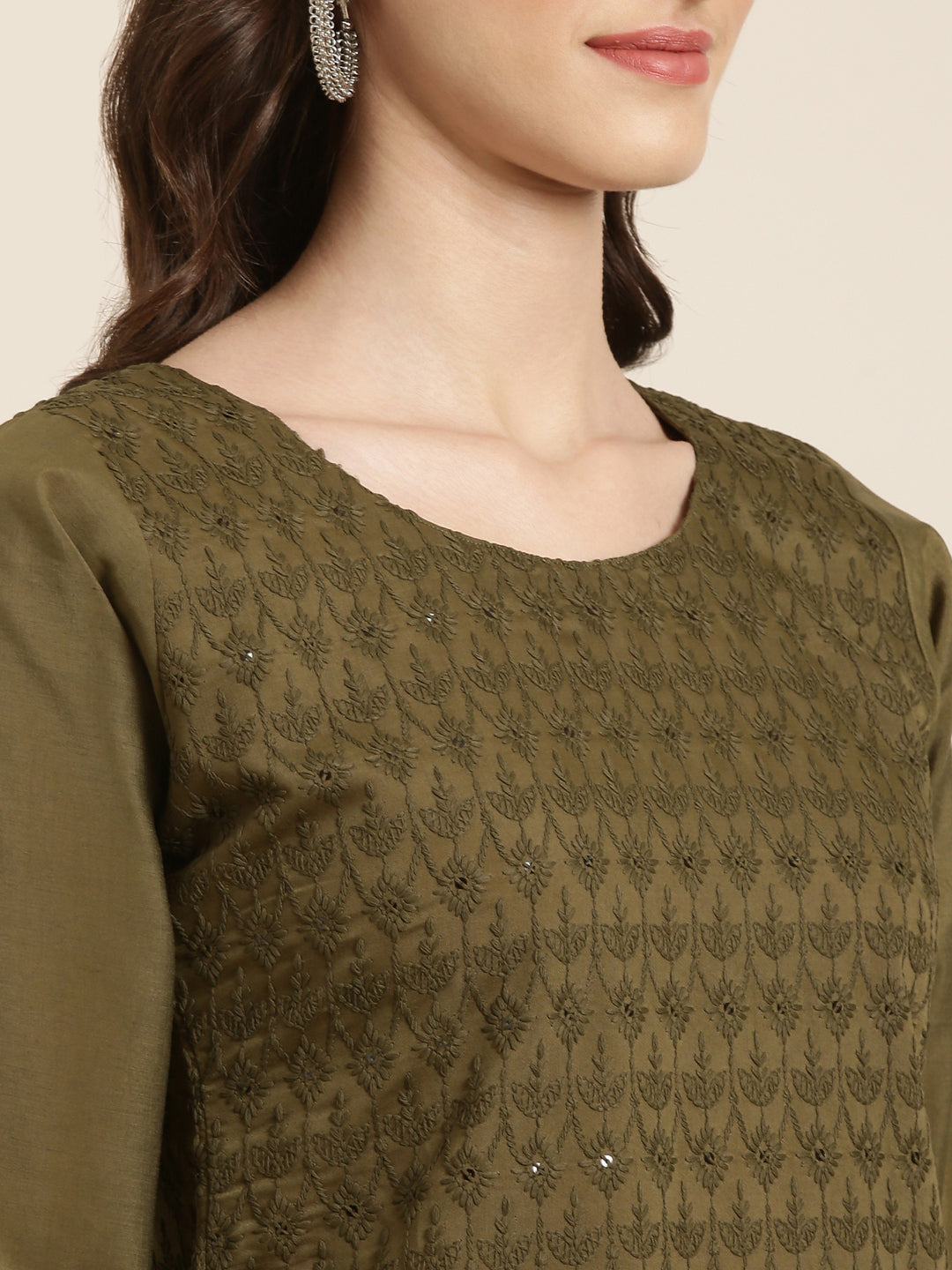 Women Olive Textured Kurta Set