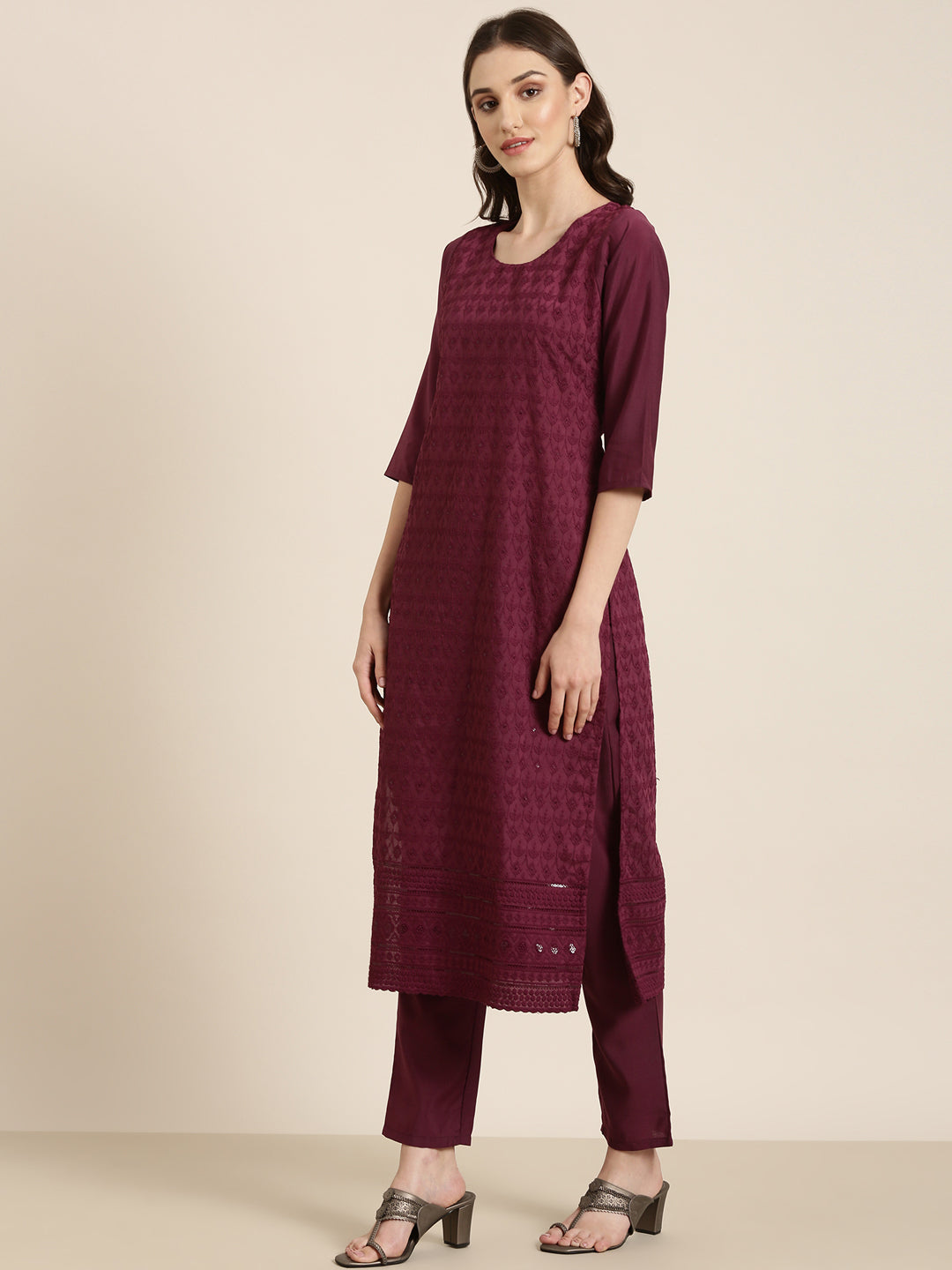 Women Violet Textured Kurta Set