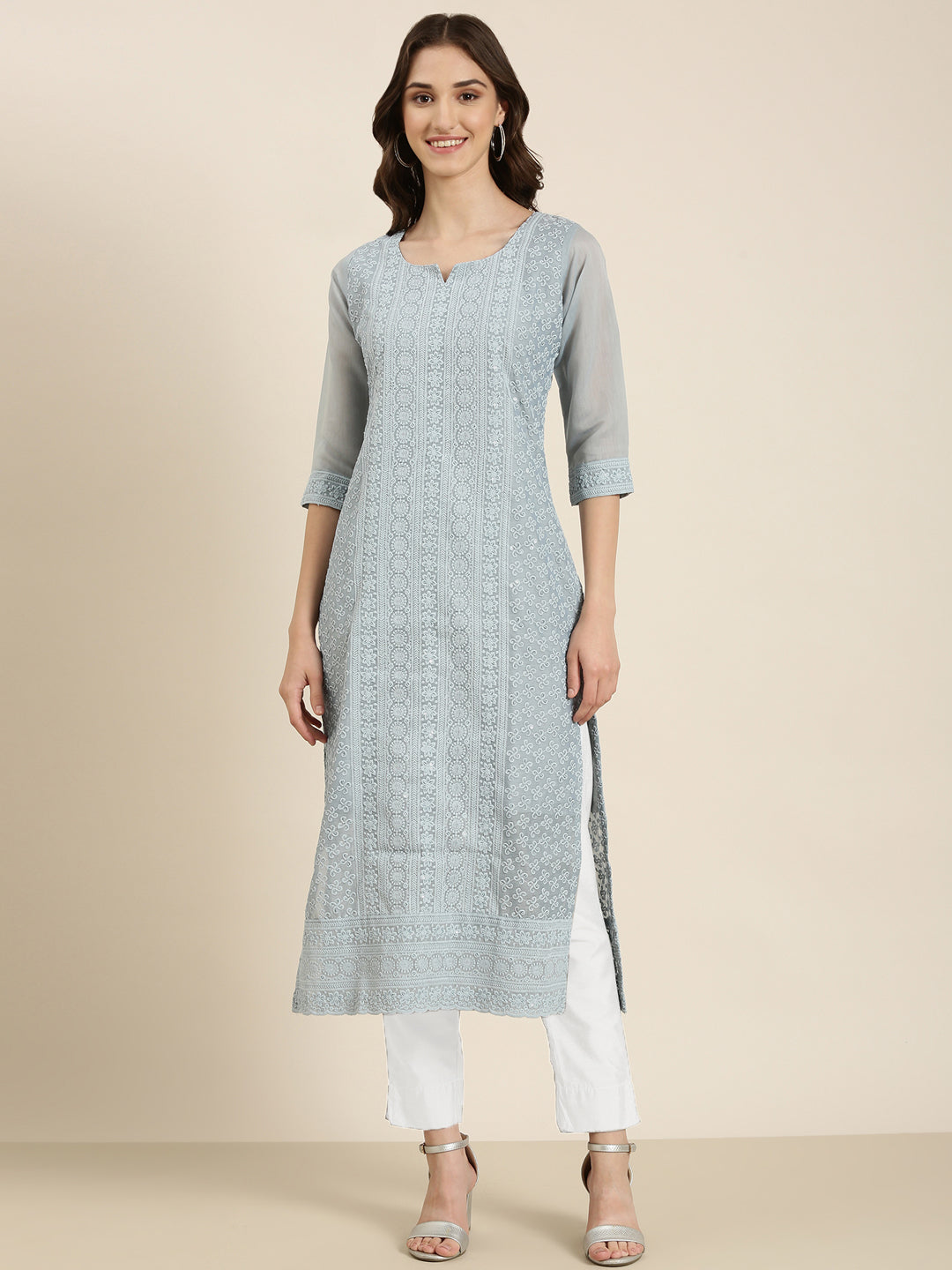 Women Blue Embellished Straight Kurta