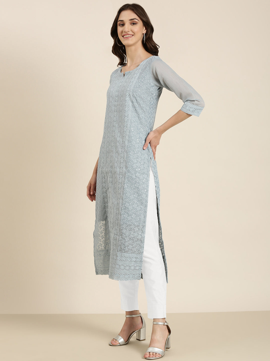 Women Blue Embellished Straight Kurta