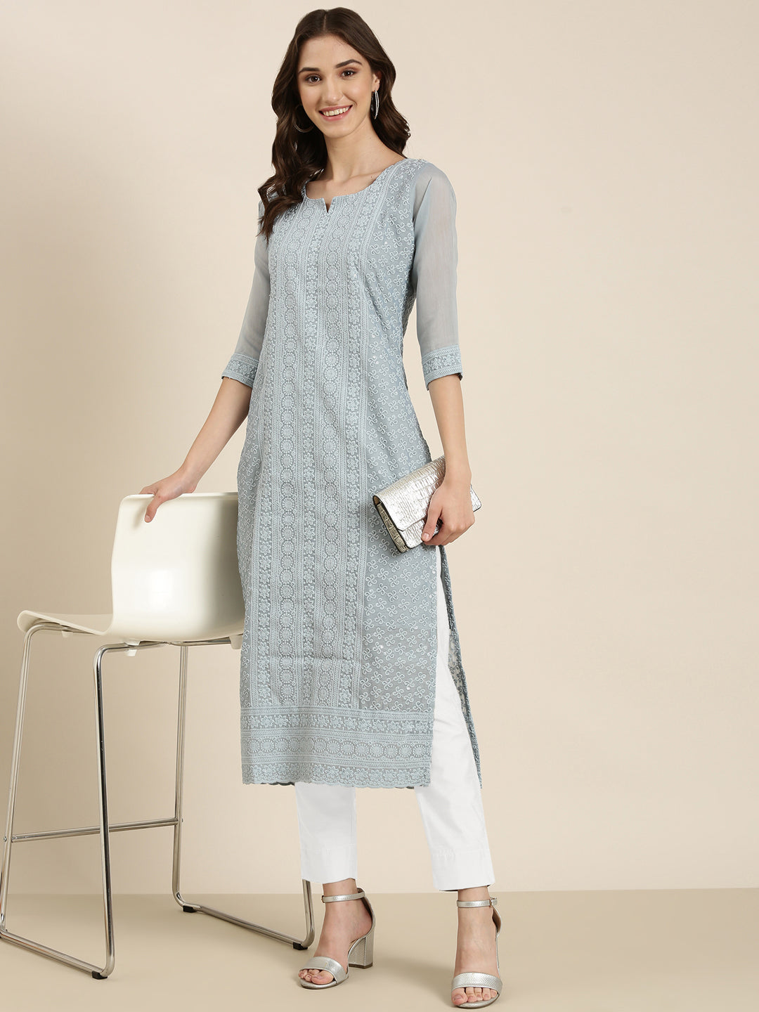 Women Blue Embellished Straight Kurta