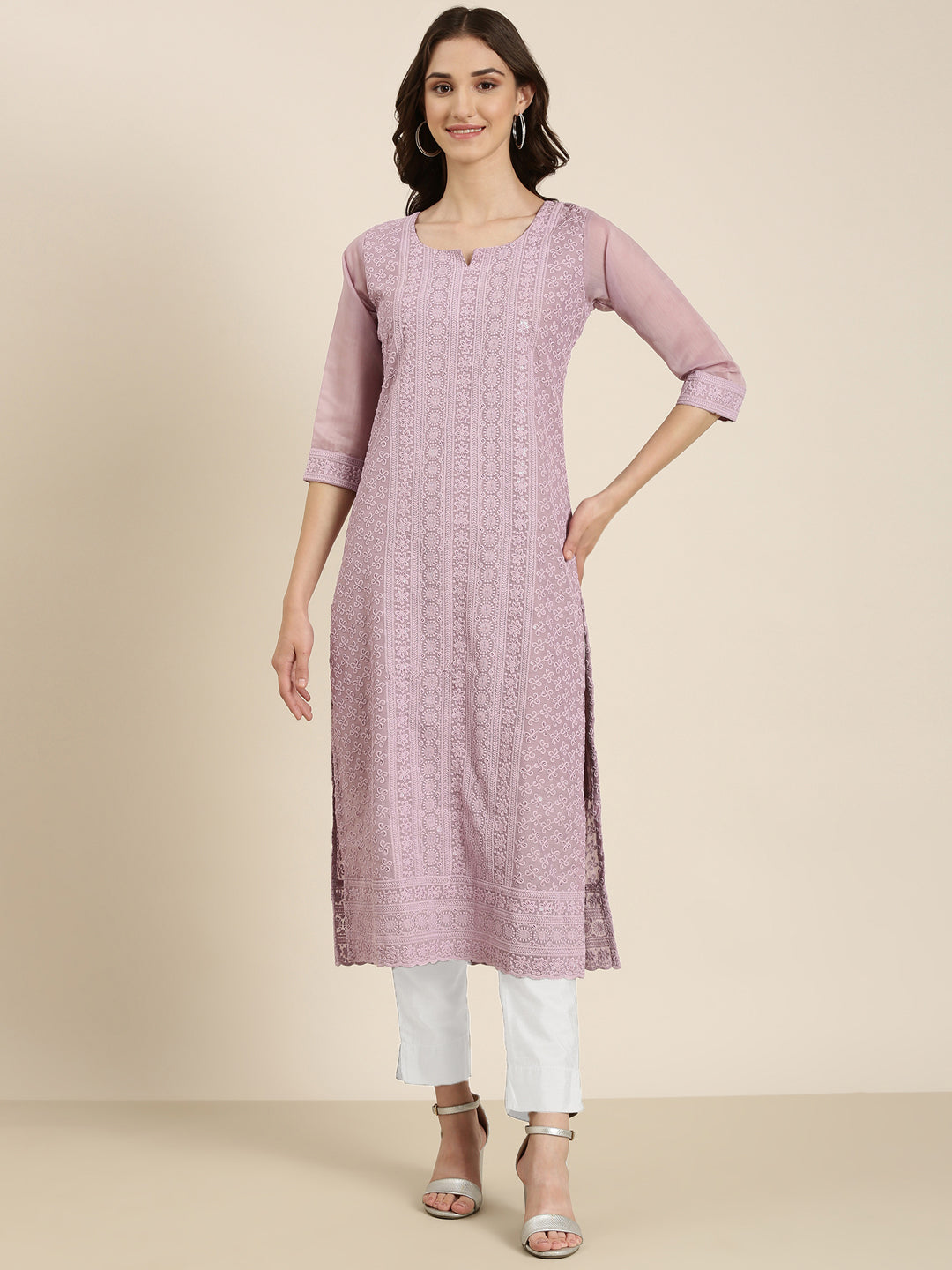 Women Lavender Embellished Straight Kurta