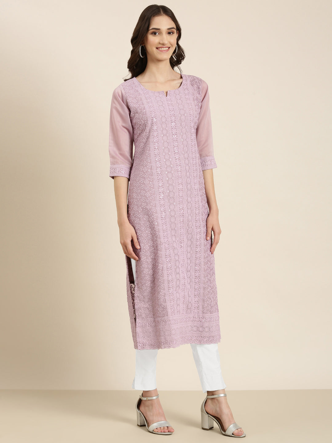 Women Lavender Embellished Straight Kurta