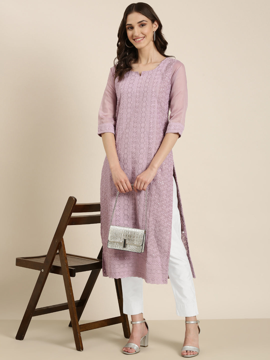 Women Lavender Embellished Straight Kurta