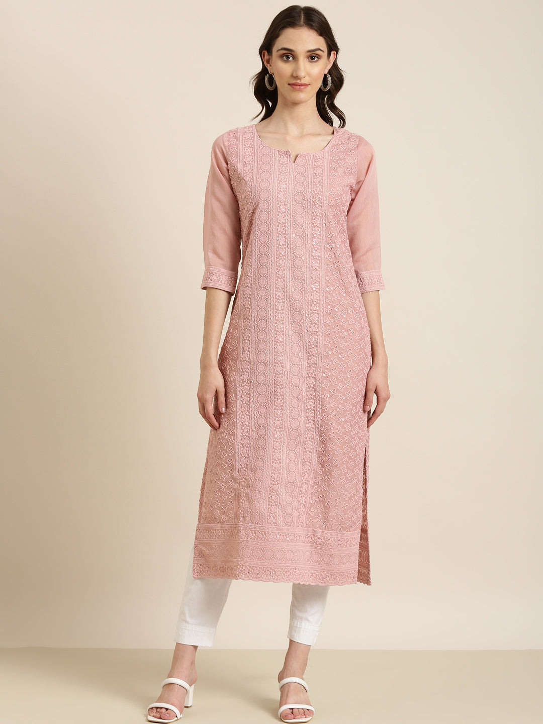 Women Pink Embellished Straight Kurta