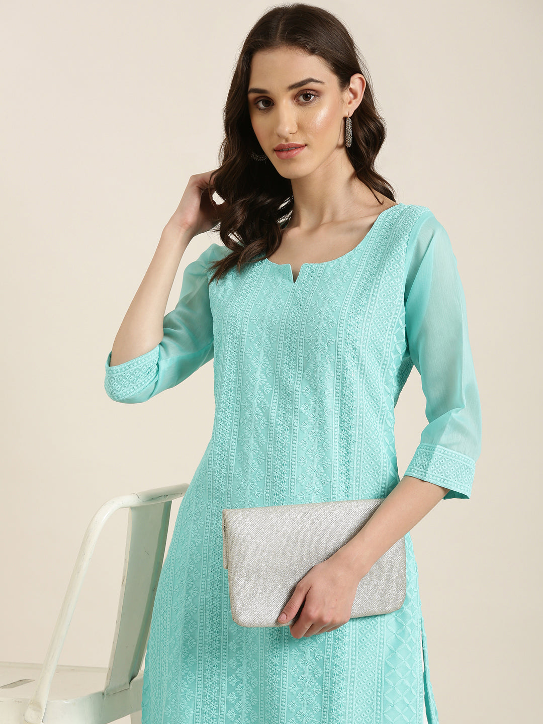 Women Turquoise Blue Embellished Straight Kurta