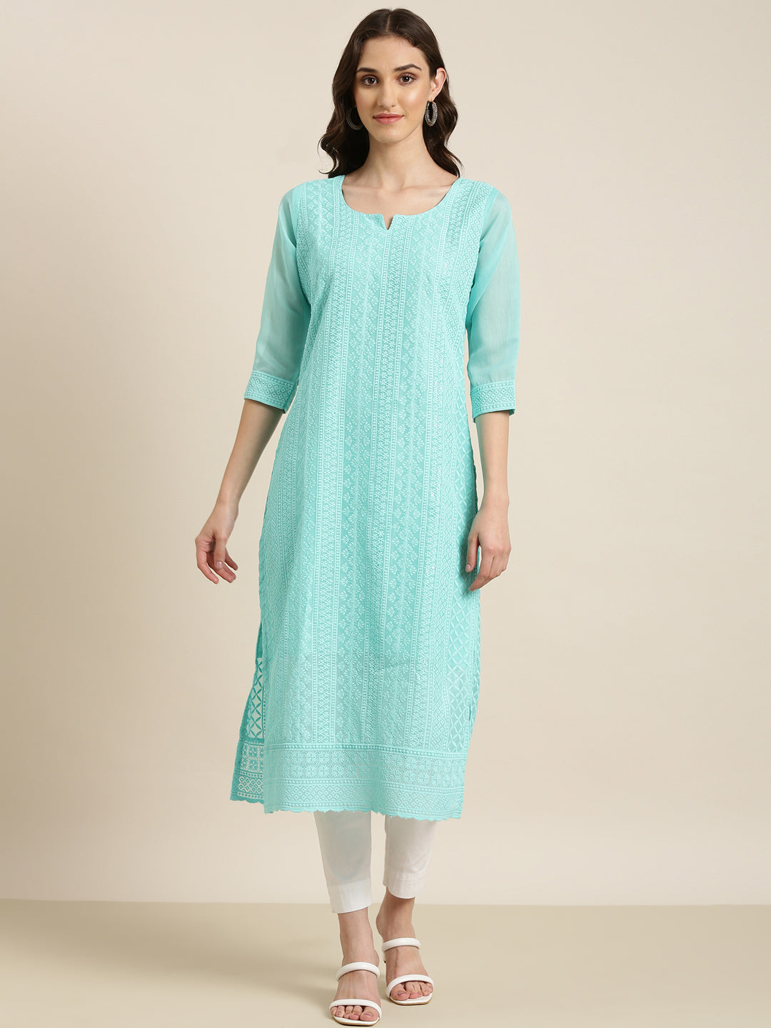 Women Turquoise Blue Embellished Straight Kurta