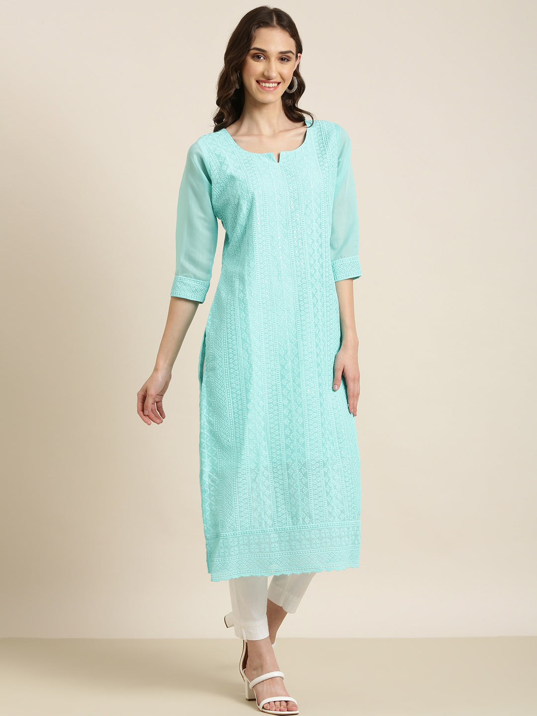 Women Turquoise Blue Embellished Straight Kurta