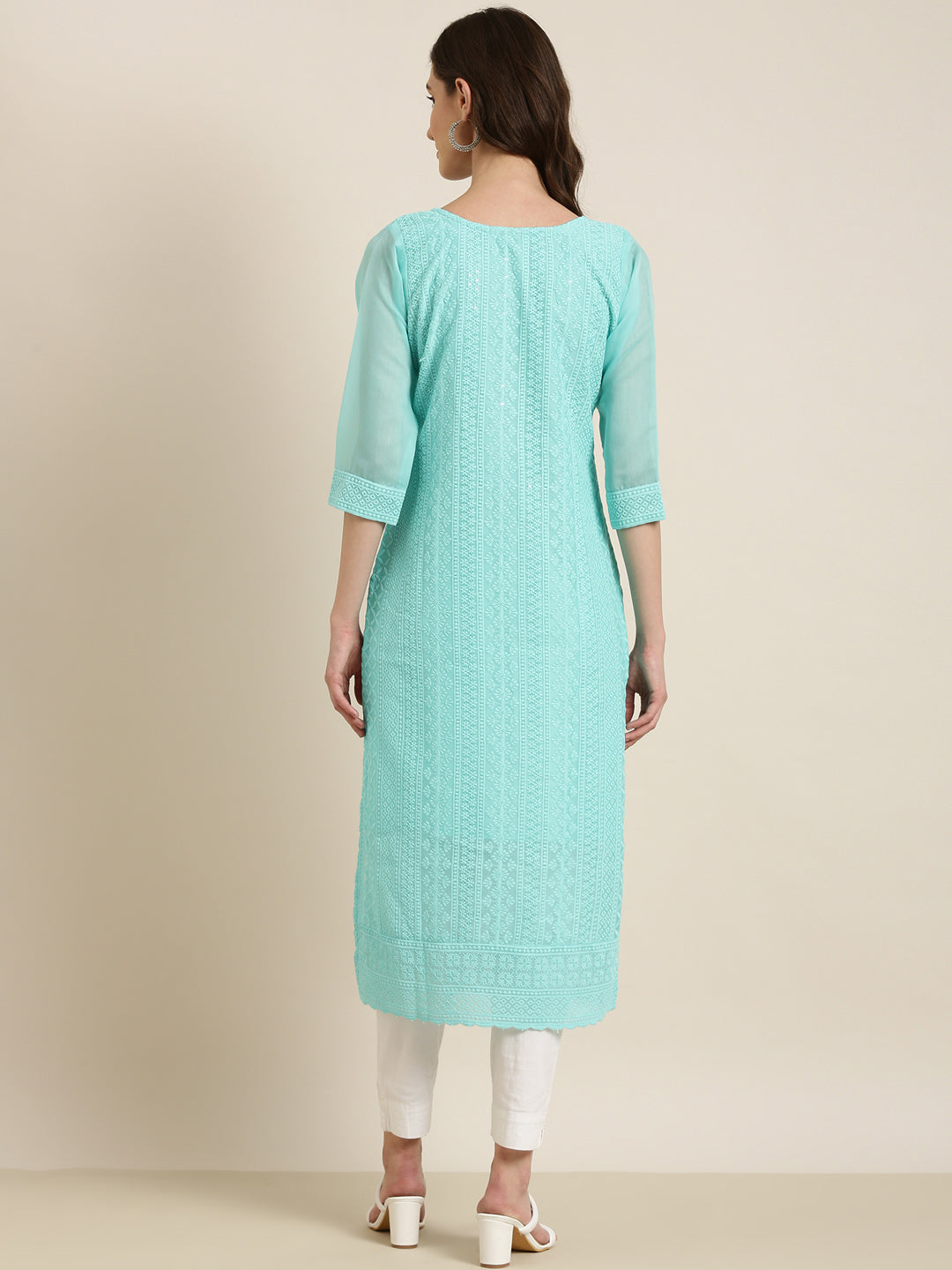 Women Turquoise Blue Embellished Straight Kurta