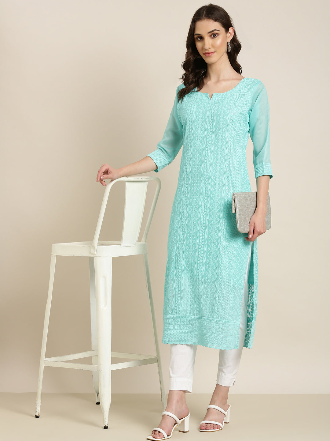 Women Turquoise Blue Embellished Straight Kurta