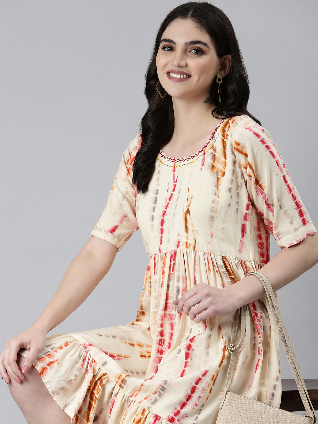 Women Cream Tie Dye Fit and Flare Kurti