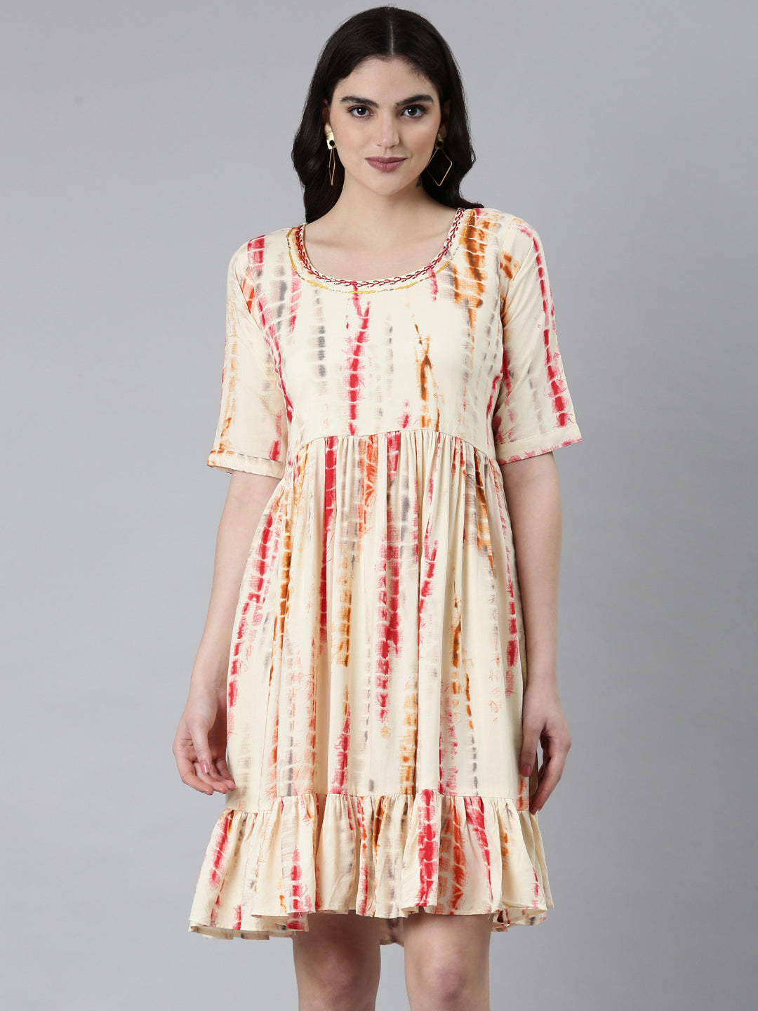 Women Cream Tie Dye Fit and Flare Kurti