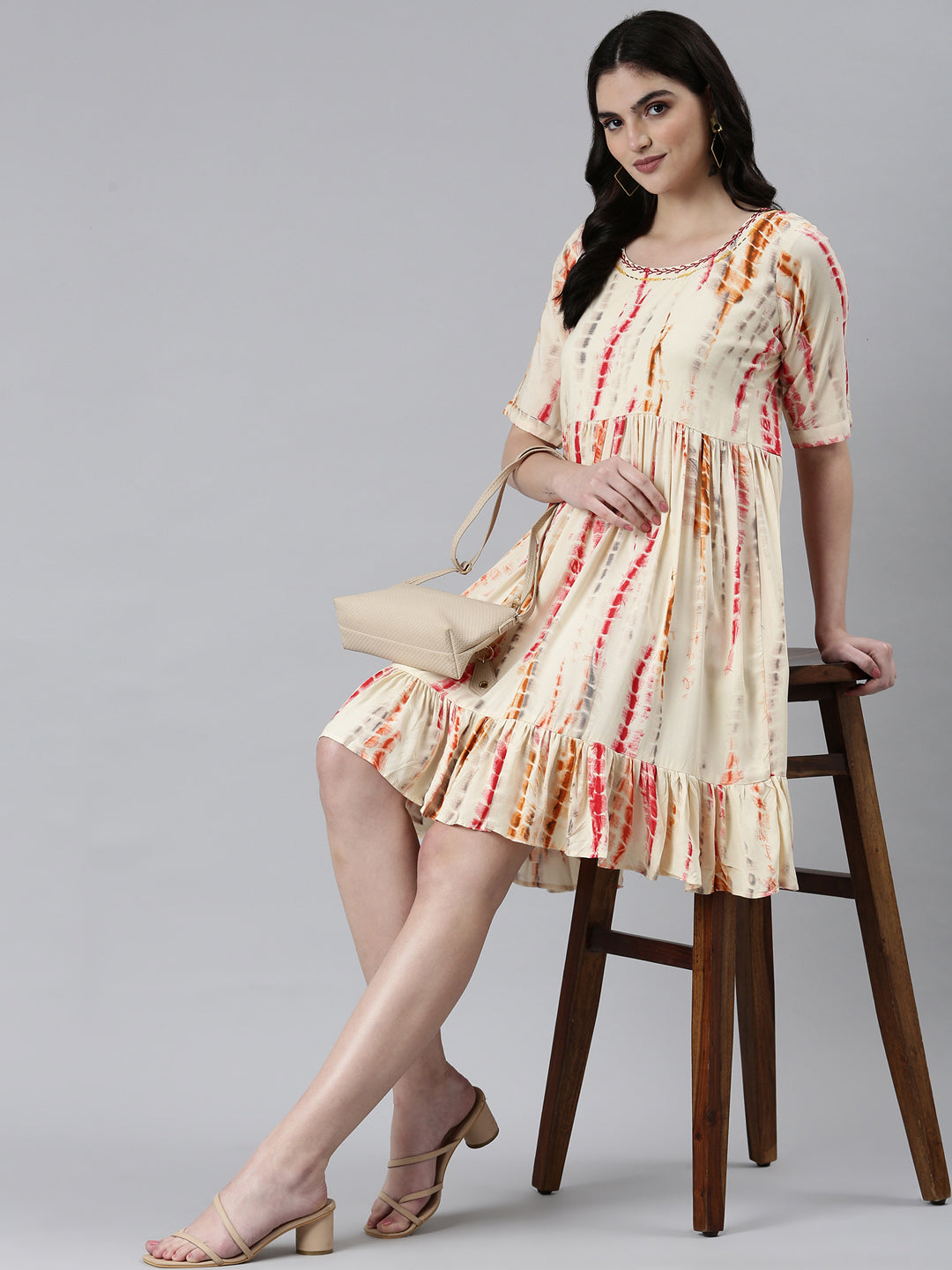 Women Cream Tie Dye Fit and Flare Kurti