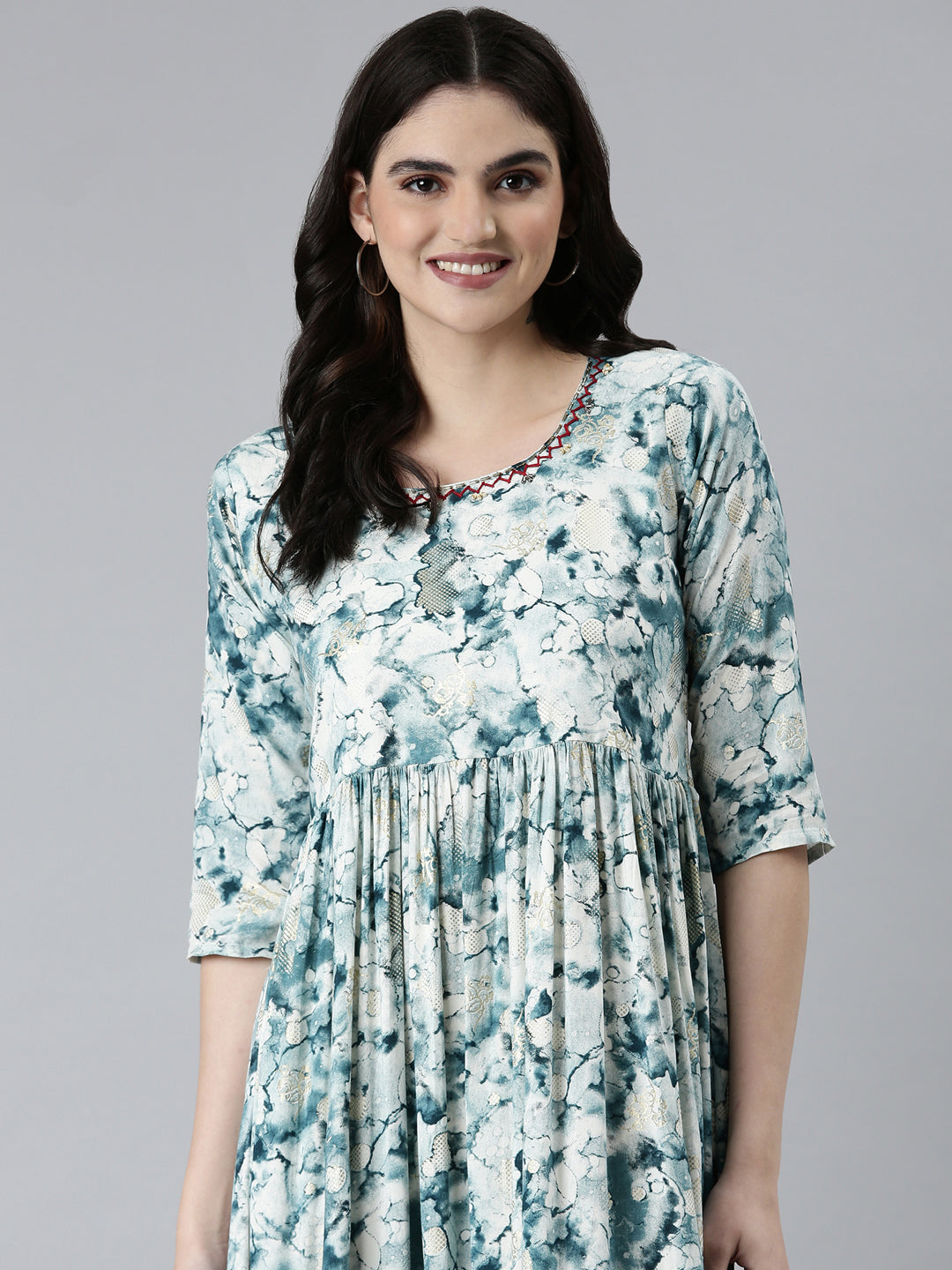 Women Teal Tie Dye Fit and Flare Kurta