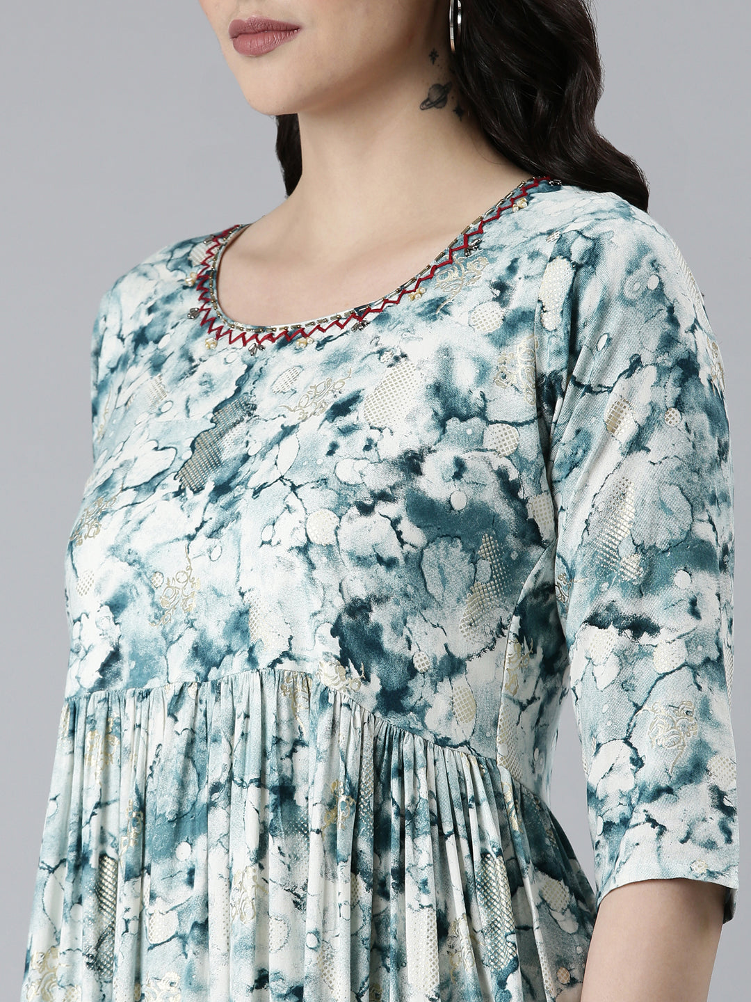 Women Teal Tie Dye Fit and Flare Kurta