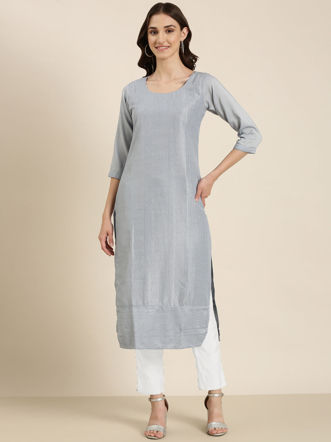 Women Blue Embellished Straight Kurta