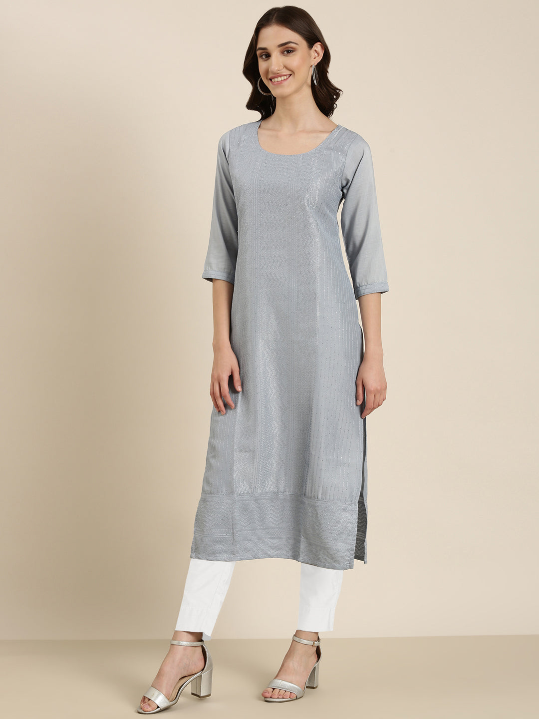 Women Blue Embellished Straight Kurta