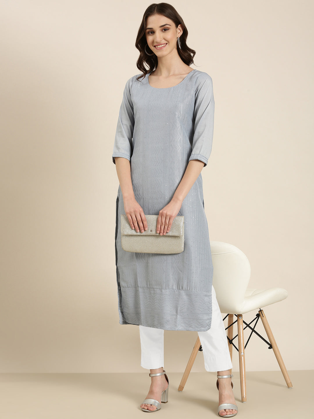 Women Blue Embellished Straight Kurta