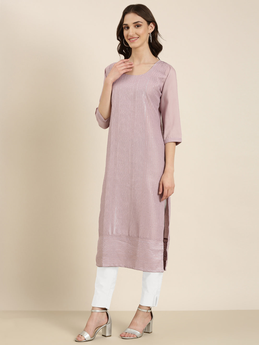 Women Lavender Embellished Straight Kurta