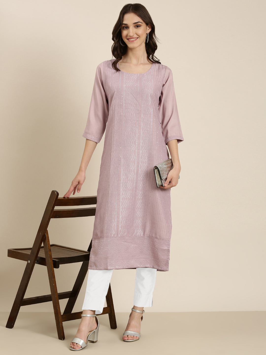 Women Lavender Embellished Straight Kurta