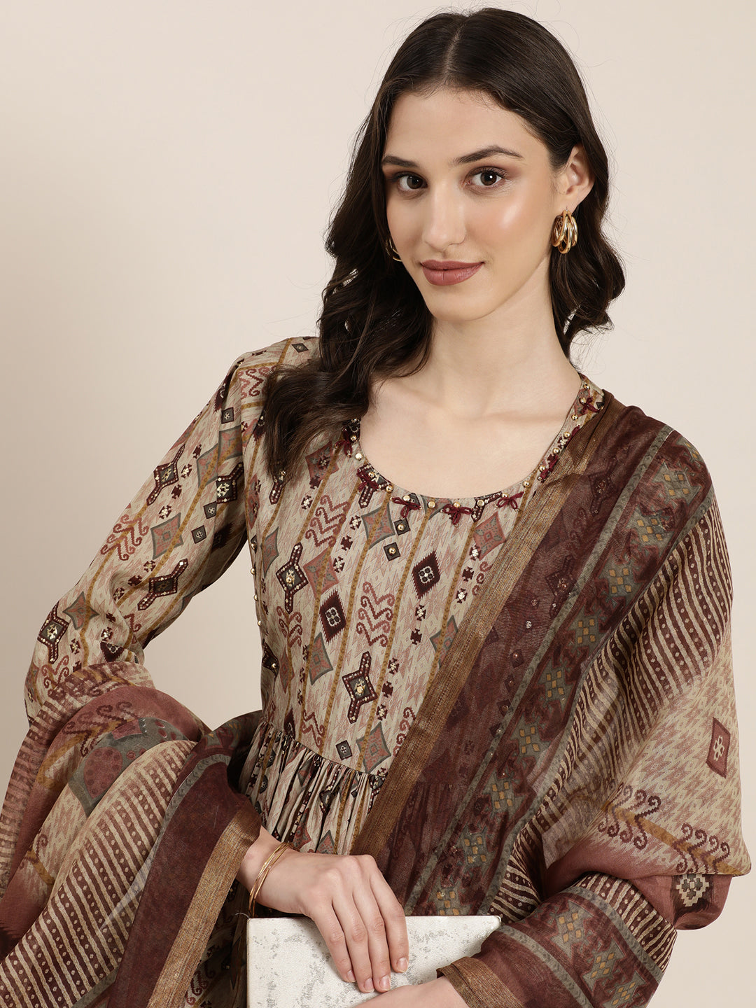 Women Taupe Printed Kurta Set