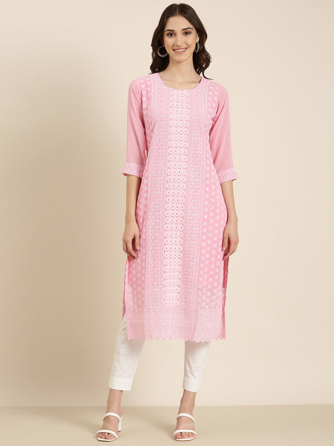 Women Pink Embellished Straight Kurta