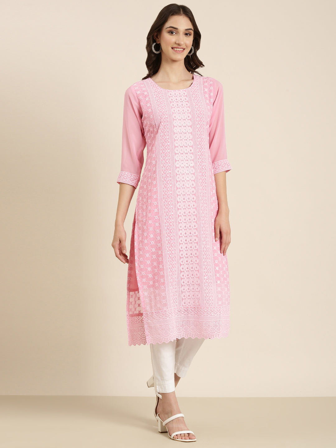 Women Pink Embellished Straight Kurta