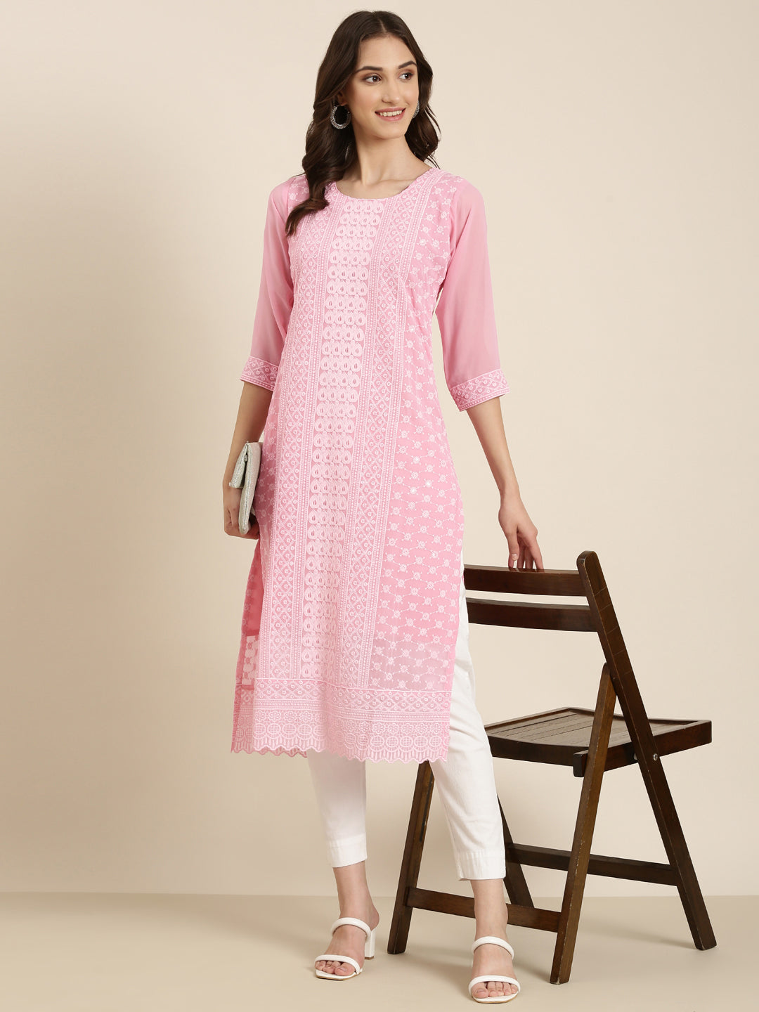 Women Pink Embellished Straight Kurta