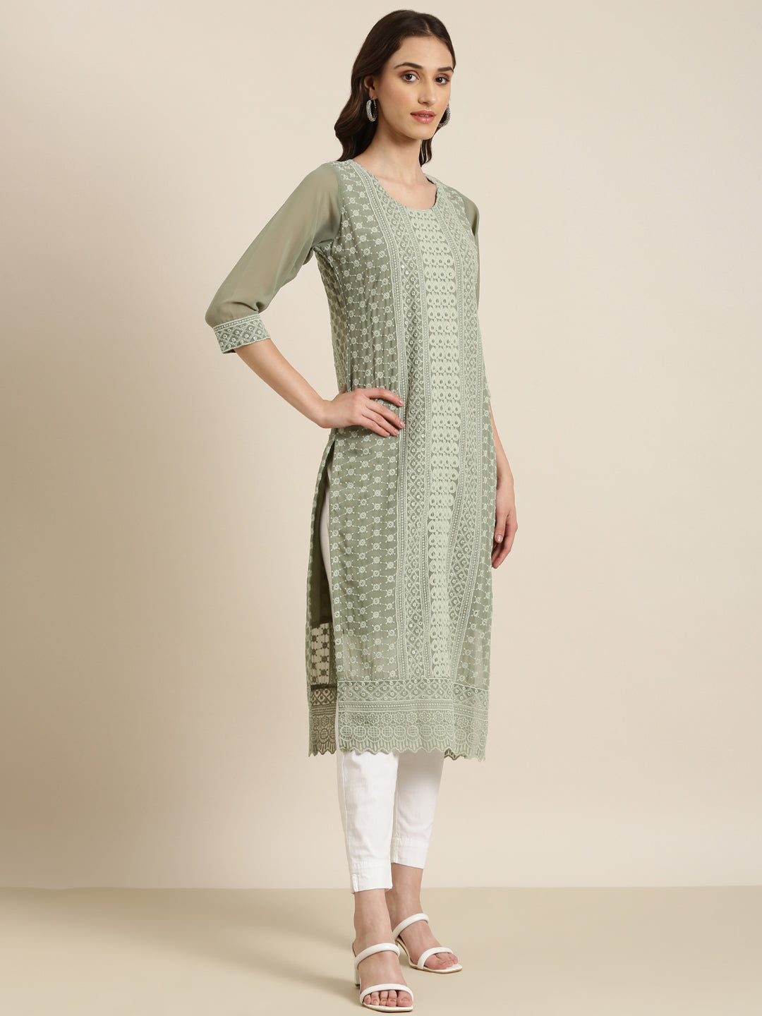 Women Olive Embellished Straight Kurta