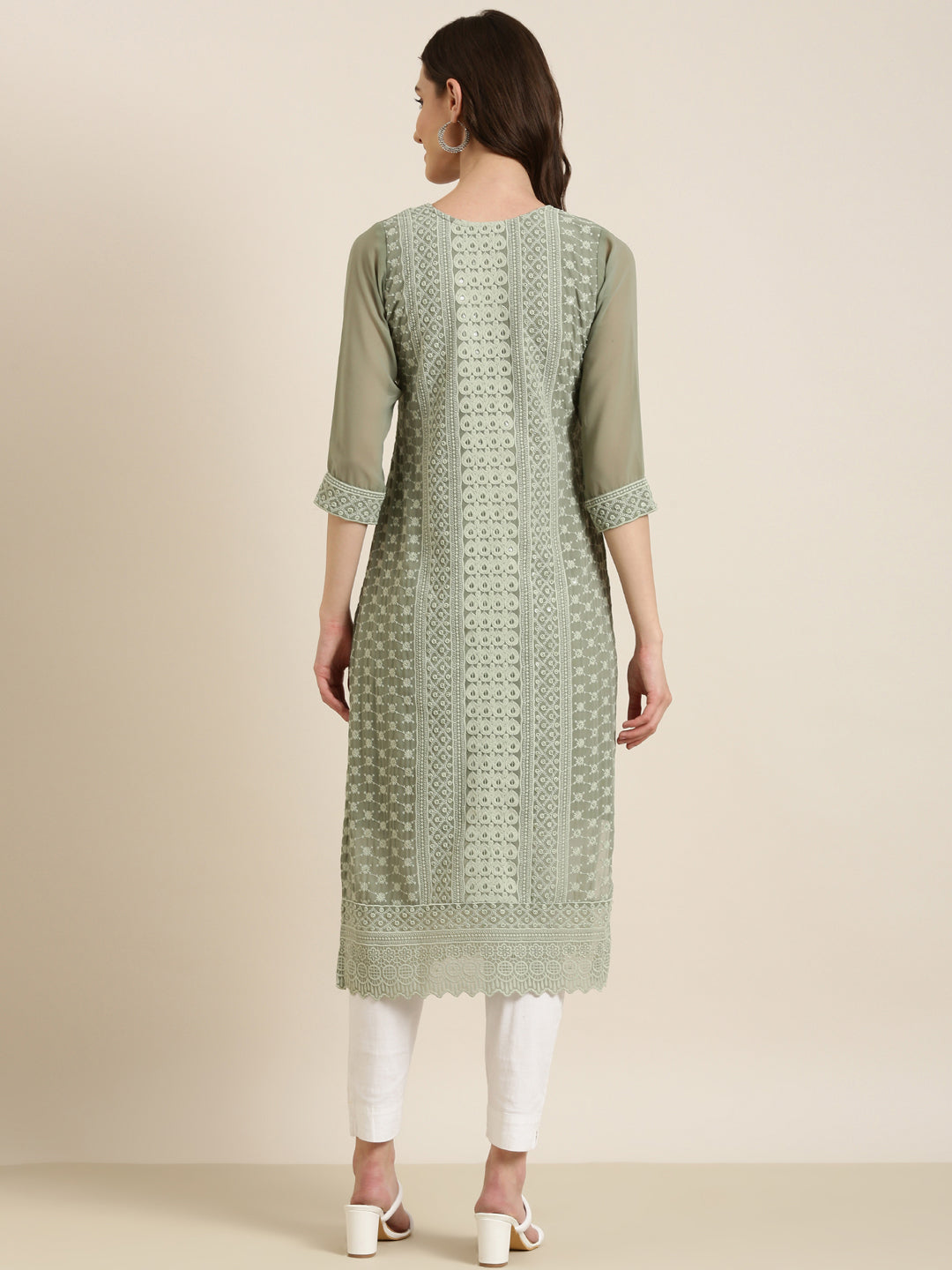 Women Olive Embellished Straight Kurta