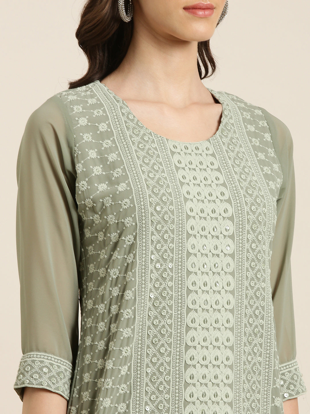 Women Olive Embellished Straight Kurta