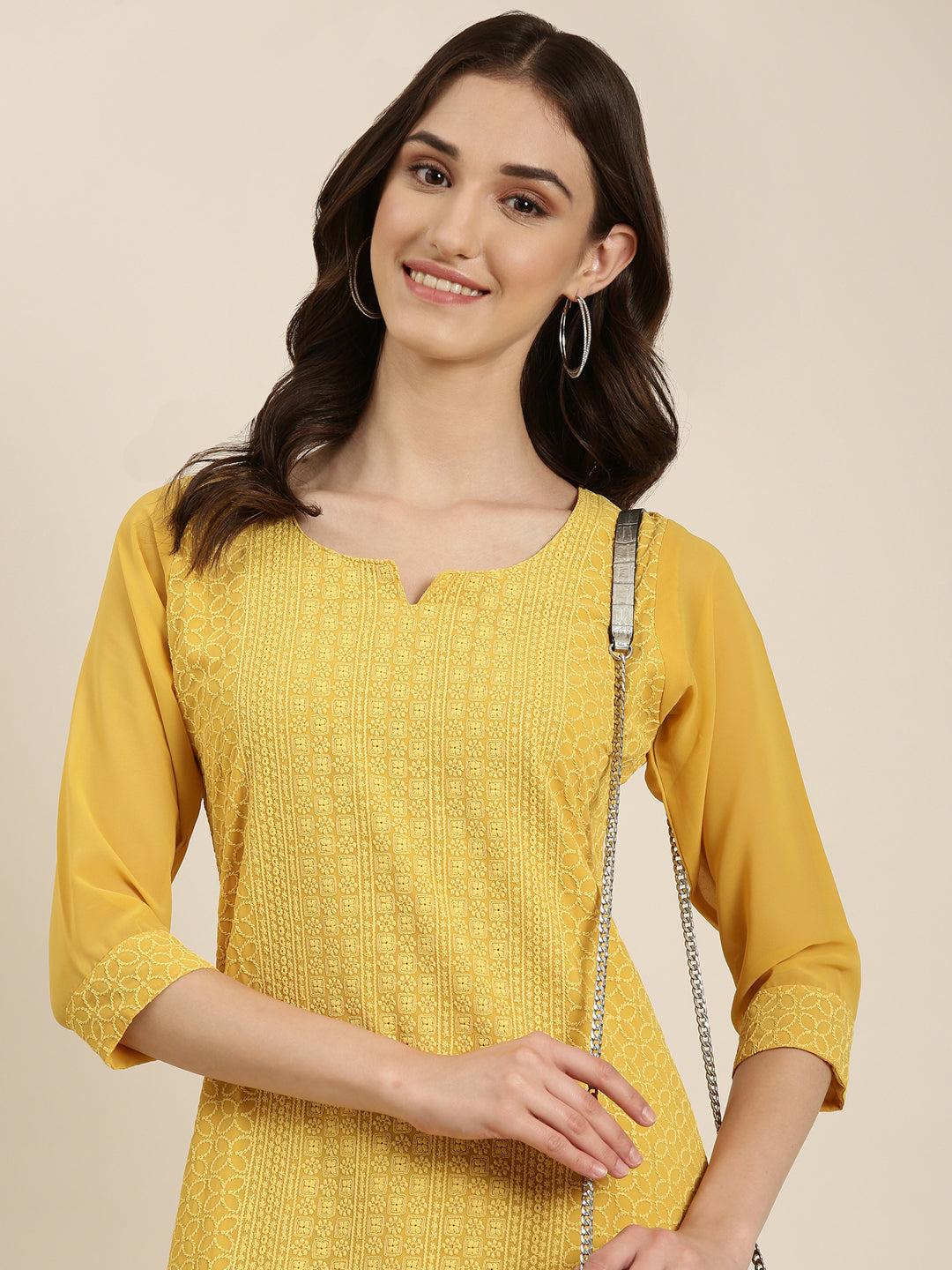 Women Mustard Embellished Straight Kurta