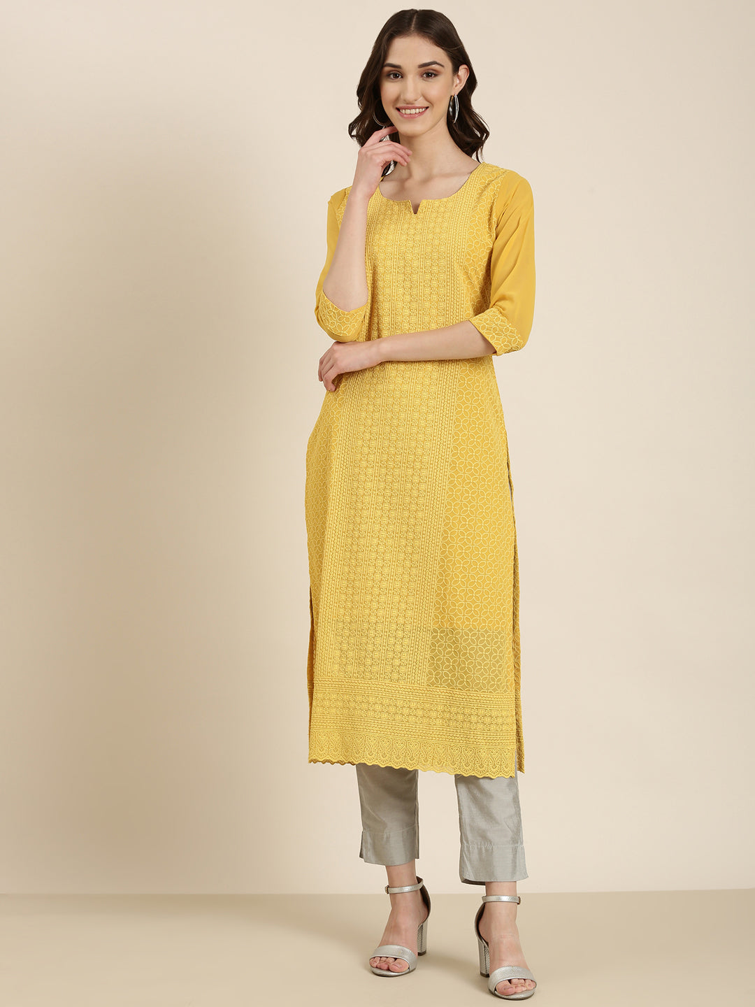 Women Mustard Embellished Straight Kurta