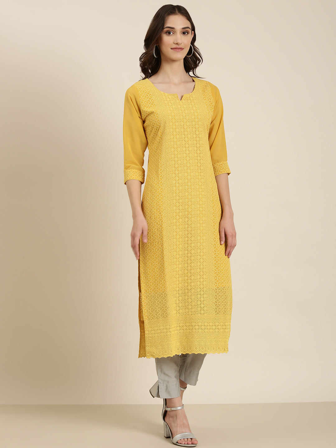 Women Mustard Embellished Straight Kurta