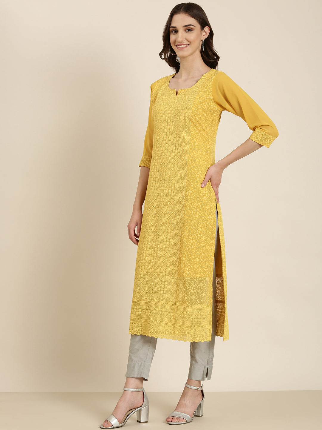 Women Mustard Embellished Straight Kurta