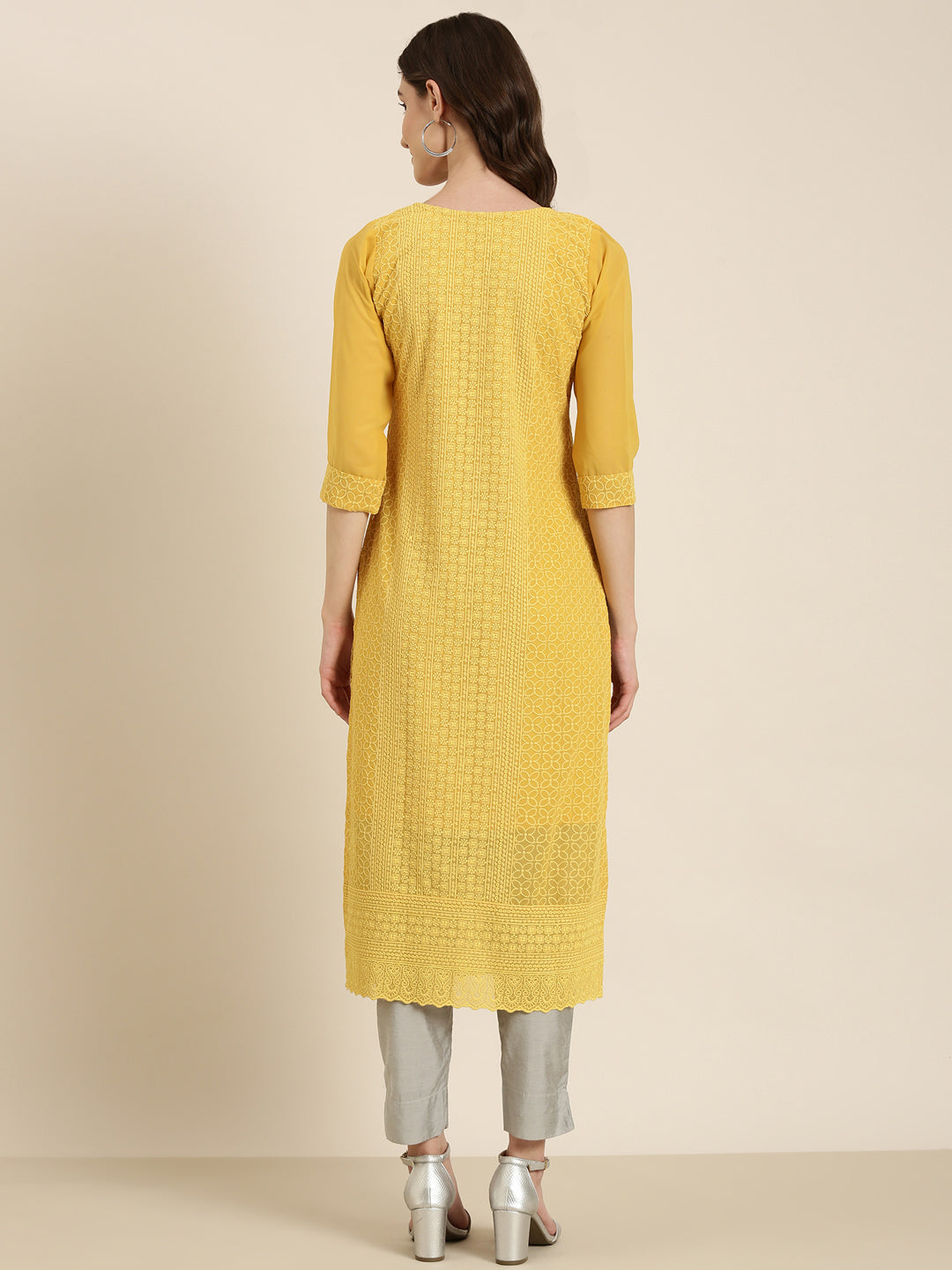 Women Mustard Embellished Straight Kurta