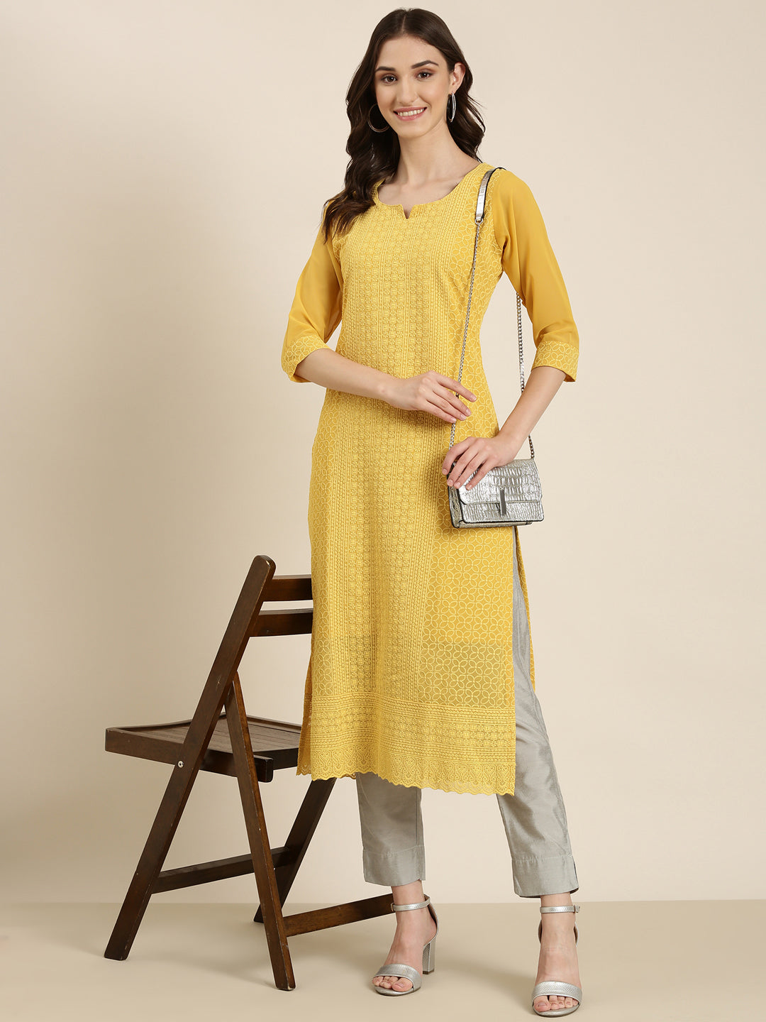 Women Mustard Embellished Straight Kurta