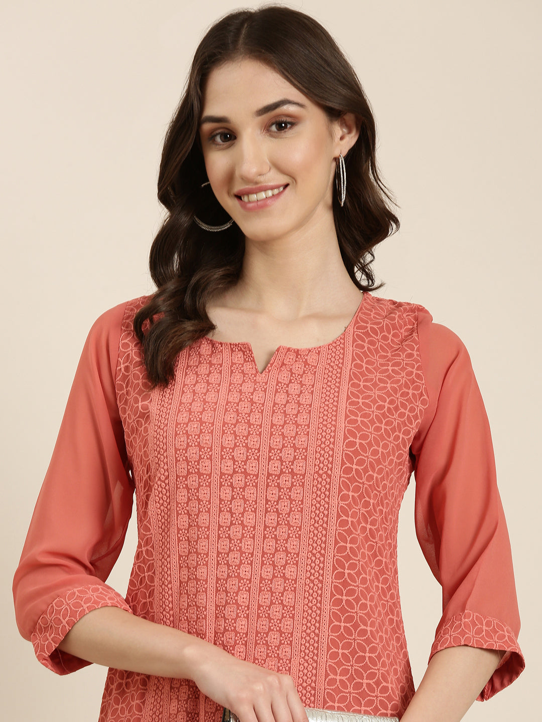 Women Peach Embellished Straight Kurta