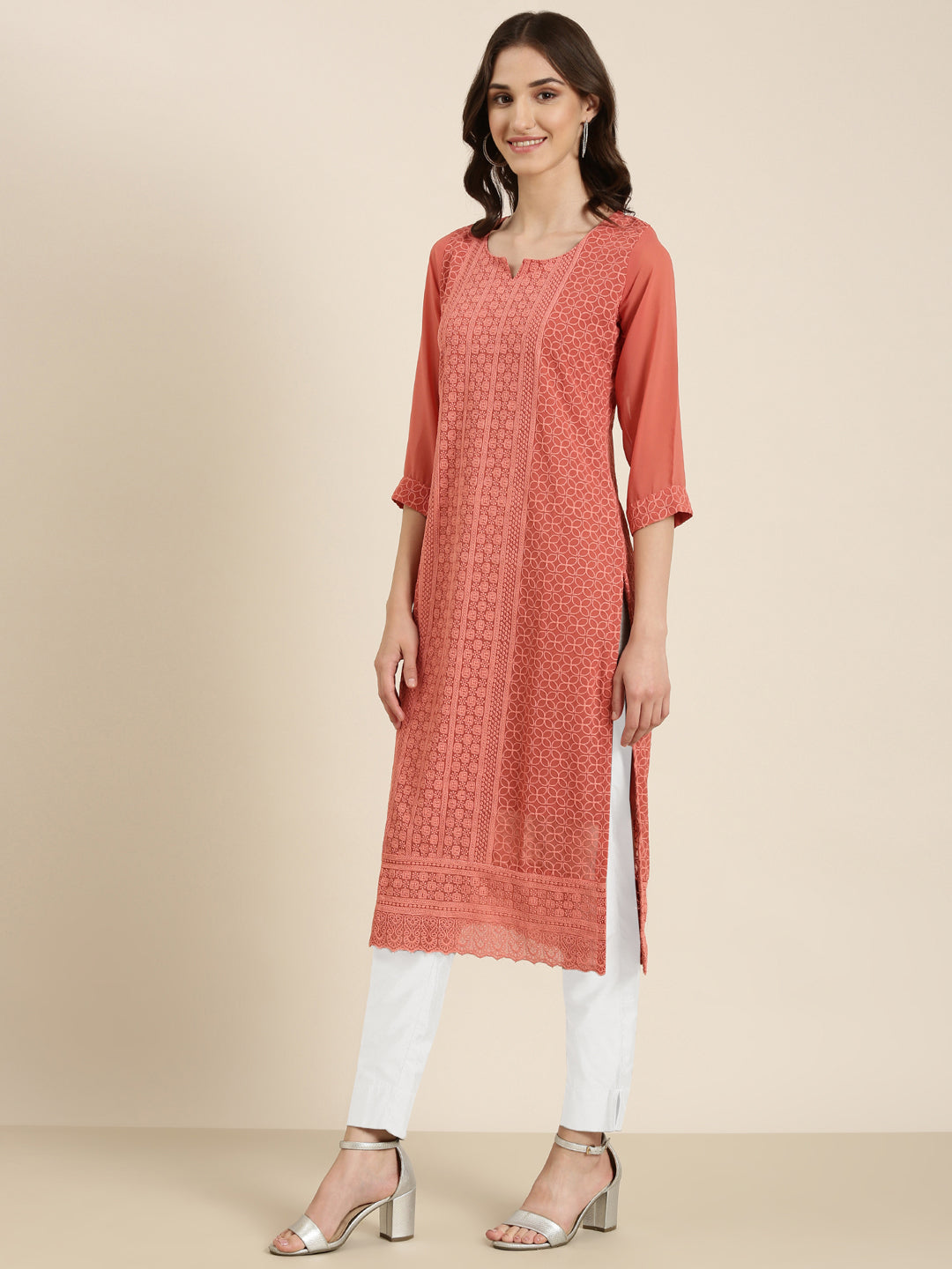 Women Peach Embellished Straight Kurta