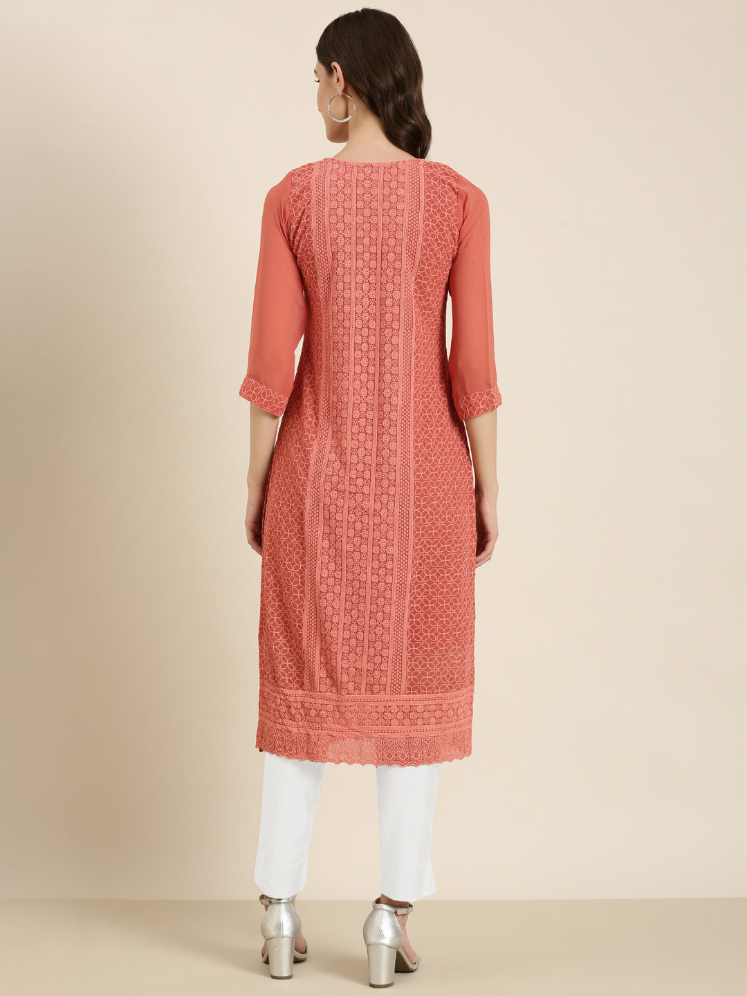 Women Peach Embellished Straight Kurta