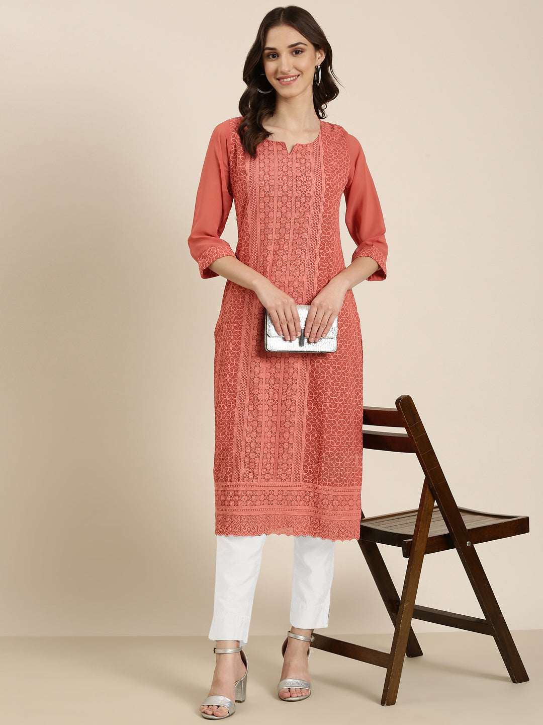 Women Peach Embellished Straight Kurta