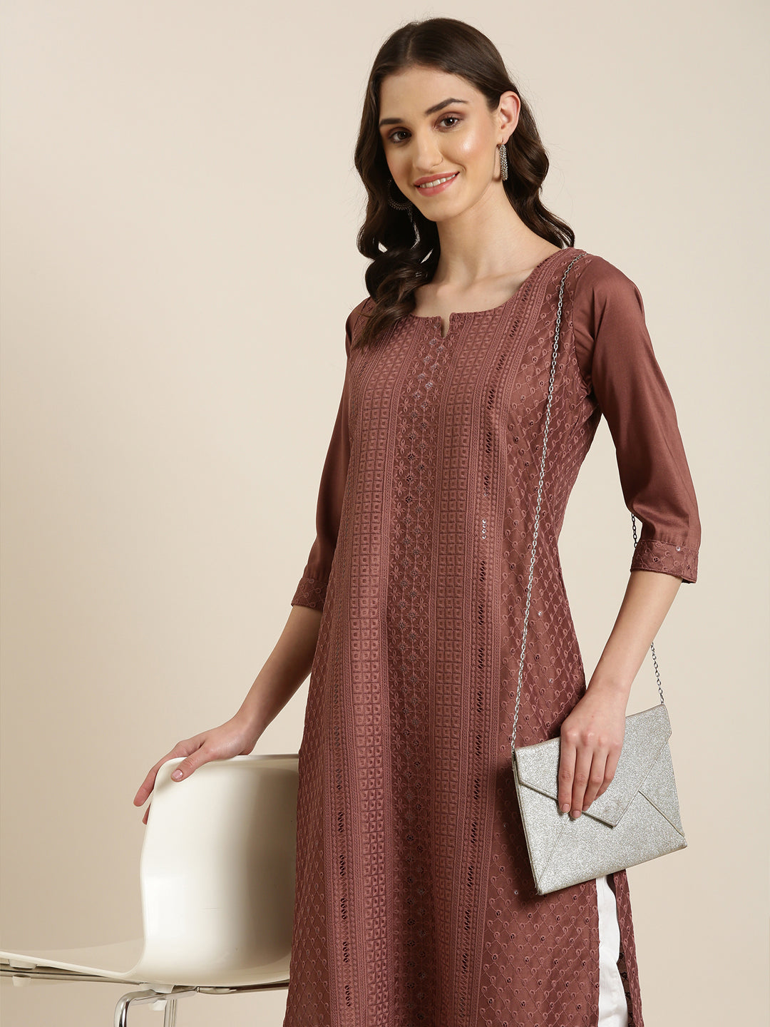 Women Brown Embellished Straight Kurta