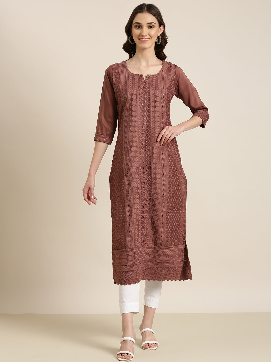 Women Brown Embellished Straight Kurta