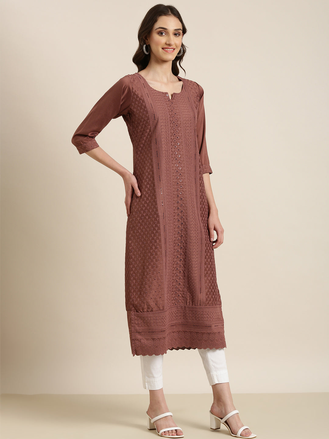 Women Brown Embellished Straight Kurta